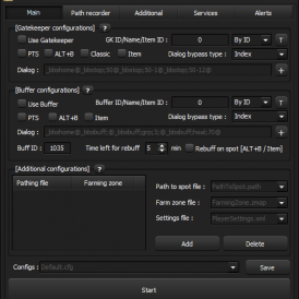 Interface for configuring gatekeepers and buffers with support for PTS, ALT+B, and custom dialogues.