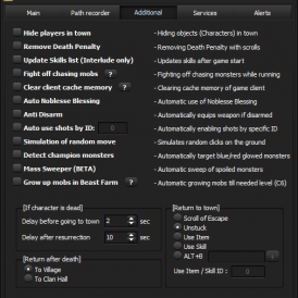 Settings for hiding players in town, managing skills, fighting mobs, and other advanced game automation options.