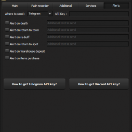 Alert configuration interface with options to send alerts via Telegram or Discord for in-game events.